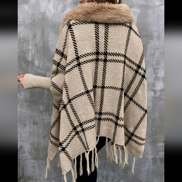 Comfy Faux Vegan Fur Plaid Fringe Cuff Sleeve Shawl Sweater Cardigan - Picture 8 of 12